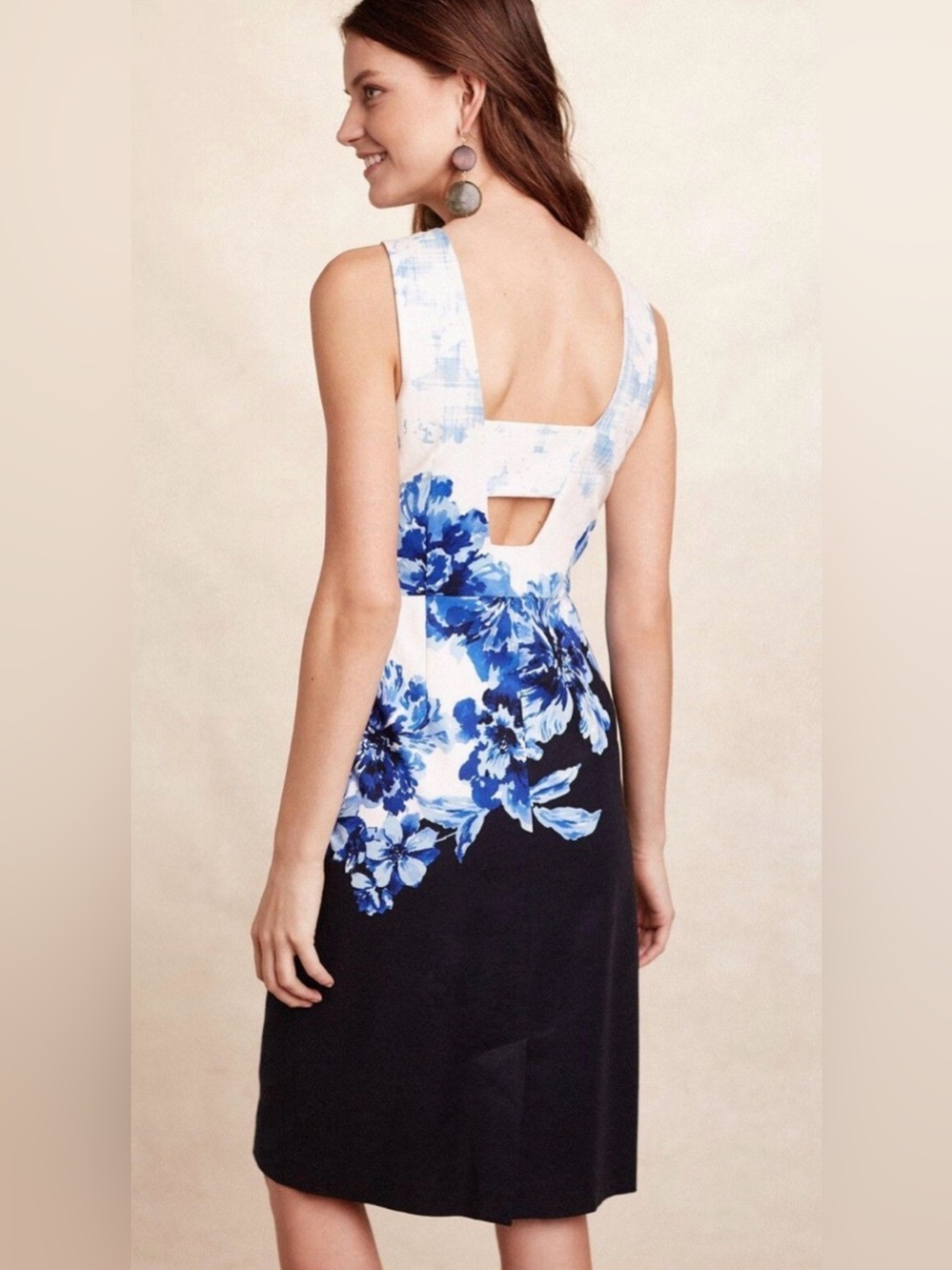 Maeve White and Blue Floral Backless Sheath Dress